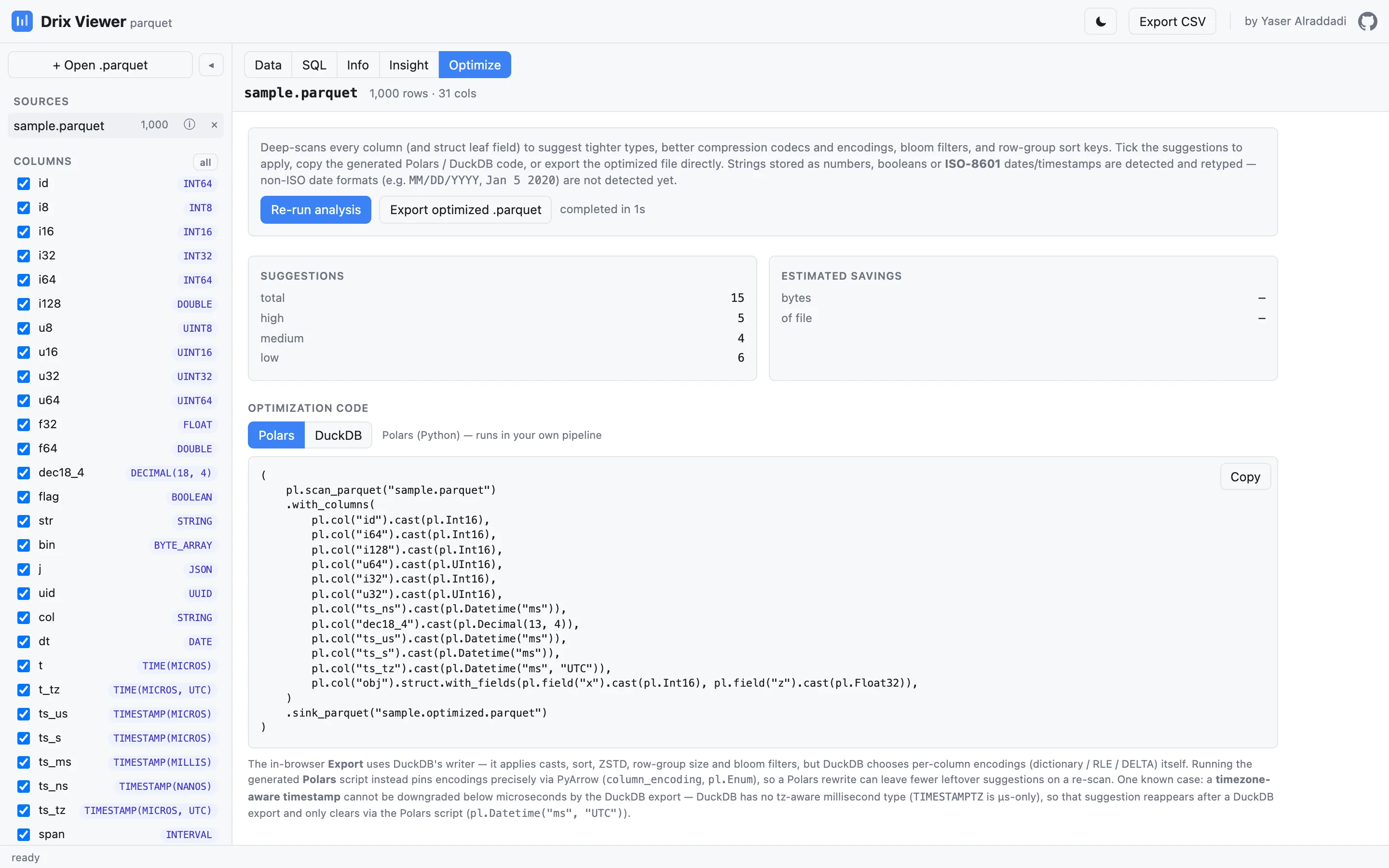 Drix optimize tab listing file-size suggestions with generated rewrite code.