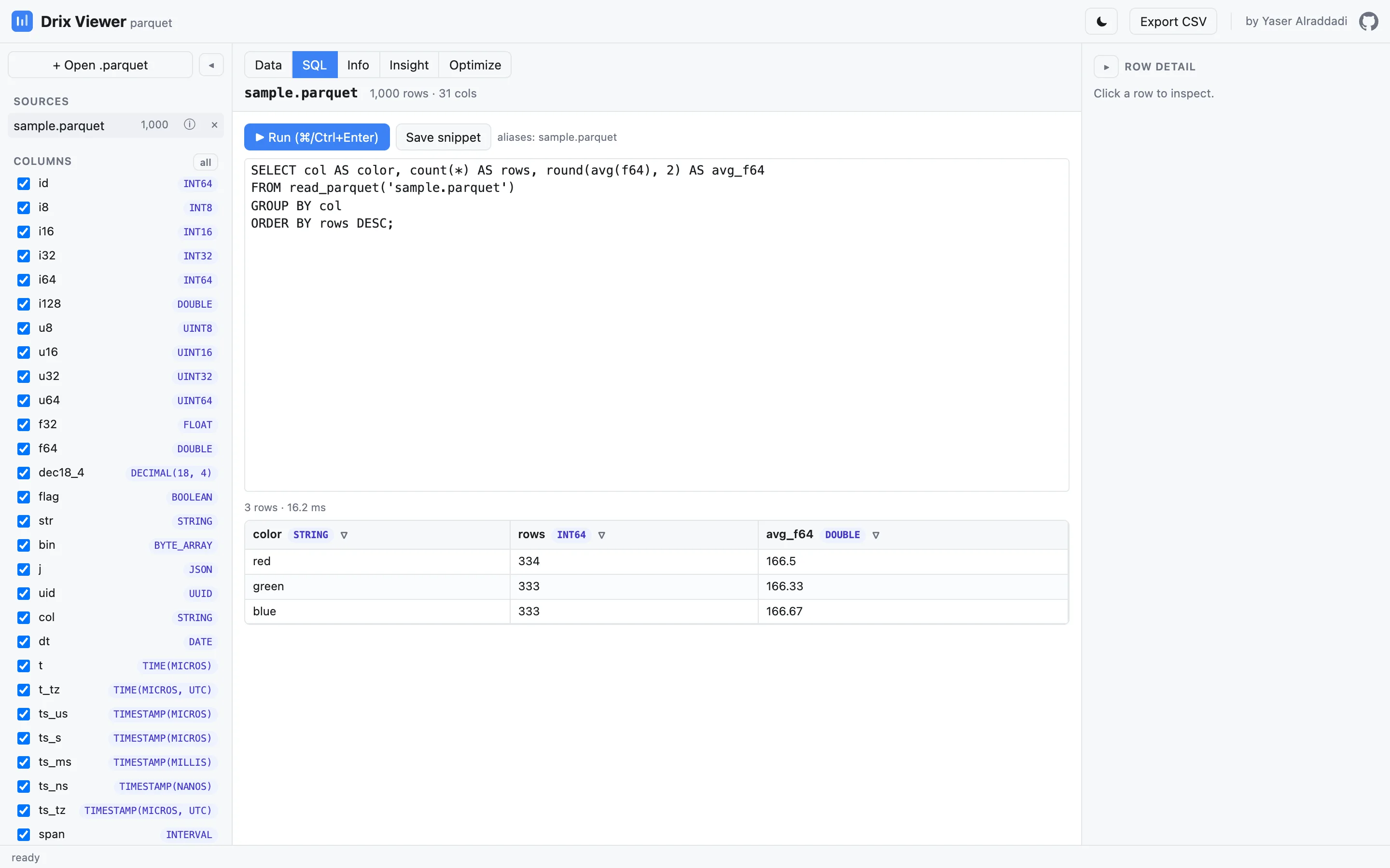 Drix SQL console running a GROUP BY query with results in a grid.